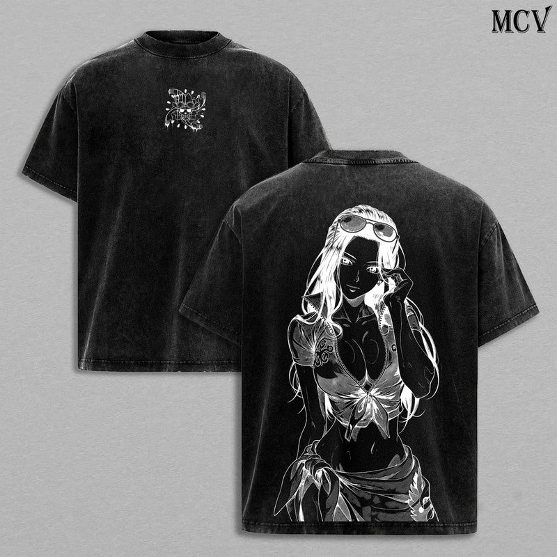 Nico Robin Washed Tee – One Piece Anime Manga Devil Child Graphic Double Printed T-Shirt, Menswear Heavy Cotton Unisex Oversize Streetwear Vintage Edition