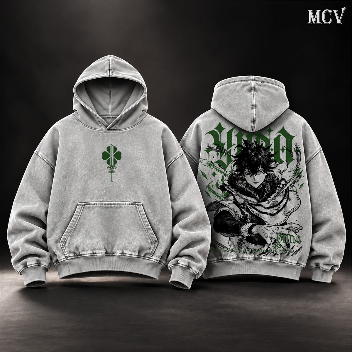 Yuno Black Clover Vintage Washed Oversized Hoodie, Double-Sided Anime Graphic Pullover, Prince of the Spade Kingdom Design, Retro Y2K Streetwear, Unisex Black Clover Fan Gift