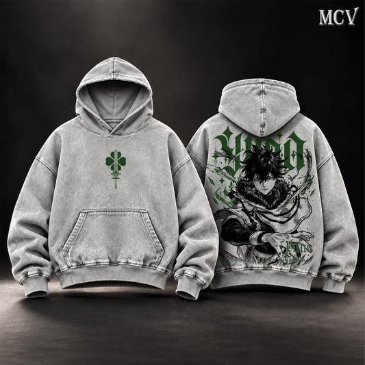 Yuno Black Clover Vintage Washed Oversized Hoodie, Double-Sided Anime Graphic Pullover, Prince of the Spade Kingdom Design, Retro Y2K Streetwear, Unisex Black Clover Fan Gift
