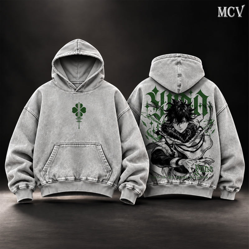 Yuno Black Clover Vintage Washed Oversized Hoodie, Double-Sided Anime Graphic Pullover, Prince of the Spade Kingdom Design, Retro Y2K Streetwear, Unisex Black Clover Fan Gift
