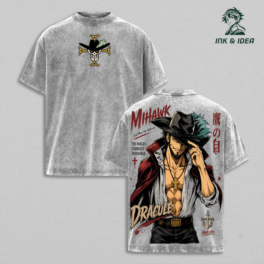 Hawk Eyes Mihawk Vintage Washed T-Shirt, One Piece Legendary Swordsman Anime Graphic Tee, Heavyweight Cotton Retro Streetwear, Unisex Manga Fan Gift