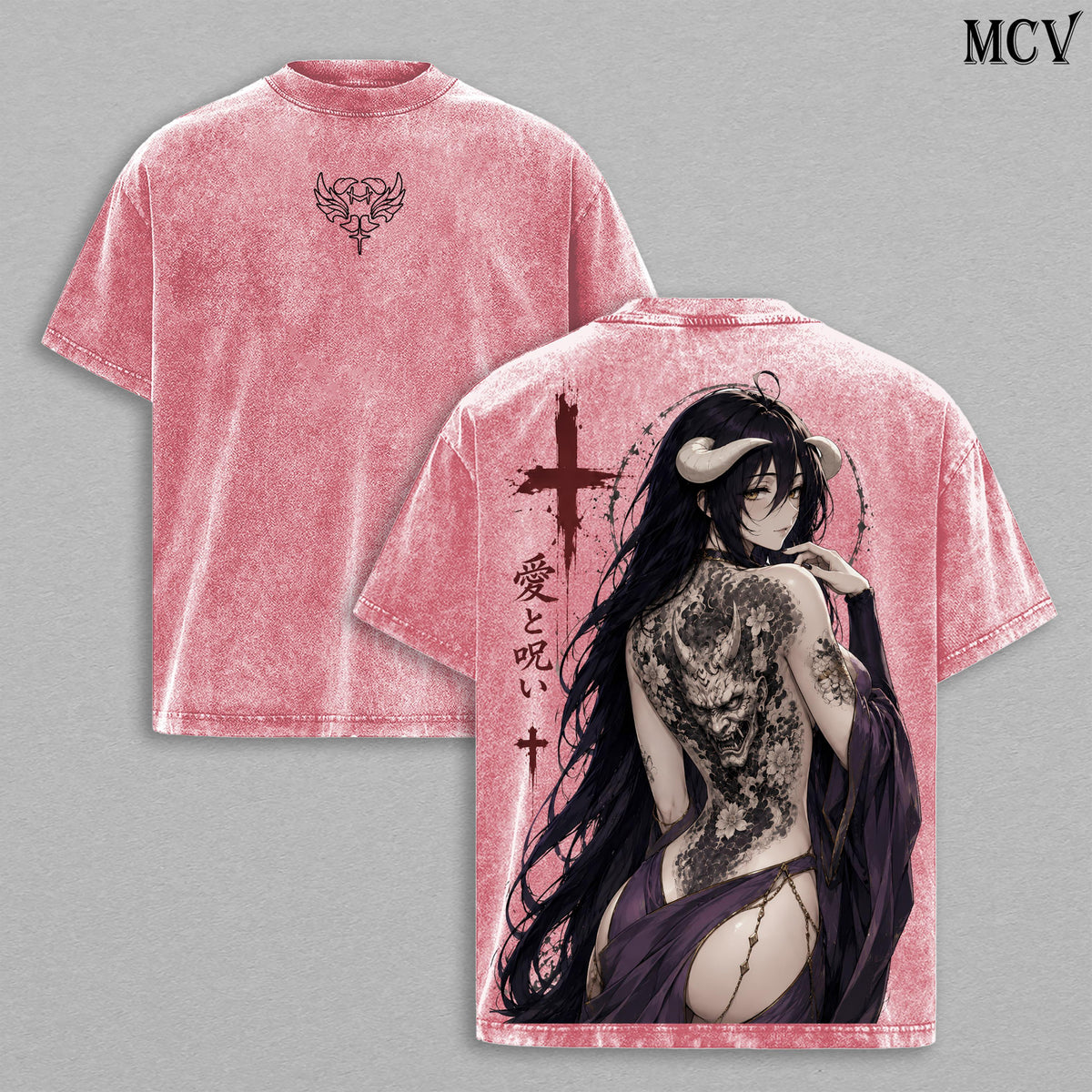 Albedo Overlord Vintage Washed Tee, Albedo Overlord Japanese Irezumi Gothic Blackwork Tattoo Art, Dark Fantasy Succubus Queen Anime Double Printed Washed Tee, Unisex Oversized Manga Heavyweight Cotton T-Shirt