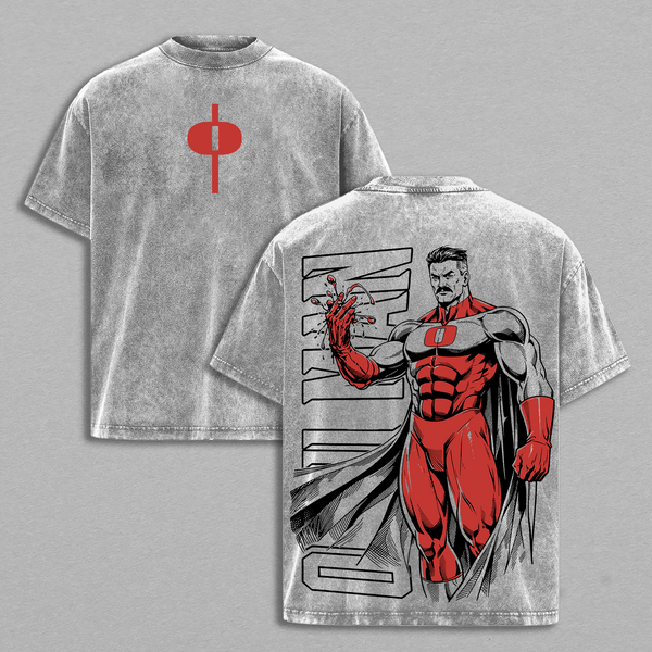 Omni-Man - Invincible Graphic Tee Vintage Washed Oversized Heavyweight T-Shirt, Anime Comic Streetwear Shirt, Blood Power Back Print Graphic Tee, Heavy Cotton Unisex, Gym Pump Cover Anime Gamer Outfit, Gift For Invincible Fans