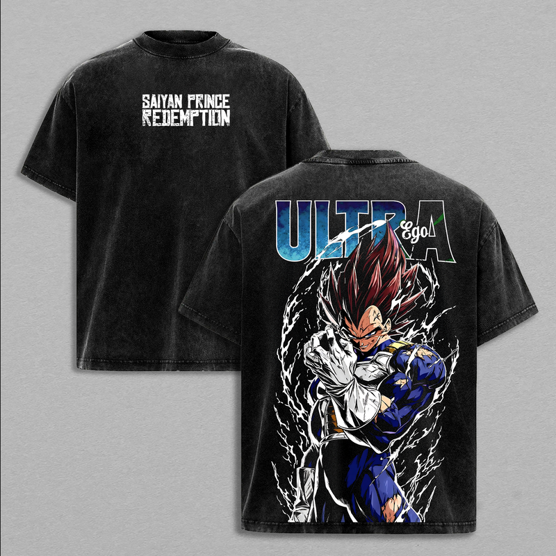 DBZ Prince Majin Symbol T-Shirt, ''Saiyan'' Prince Redemption Graphic Tee, Ultra Ego Anime Shirt, DBZ Manga Back Print T Shirt, Vintage Clothing Washed Anime Streetwear Top Tee, Large Graphic Otaku Fan Gift, Soft Cotton