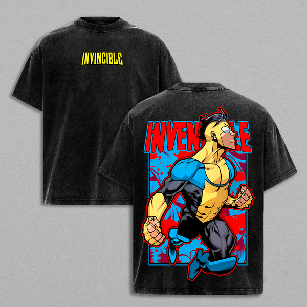 Invincible Hero Punch Tee - Oversized T-Shirt Washed, Lightweight Acid Wash Look, TV Series Graphic, Streetwear for Comic Fans