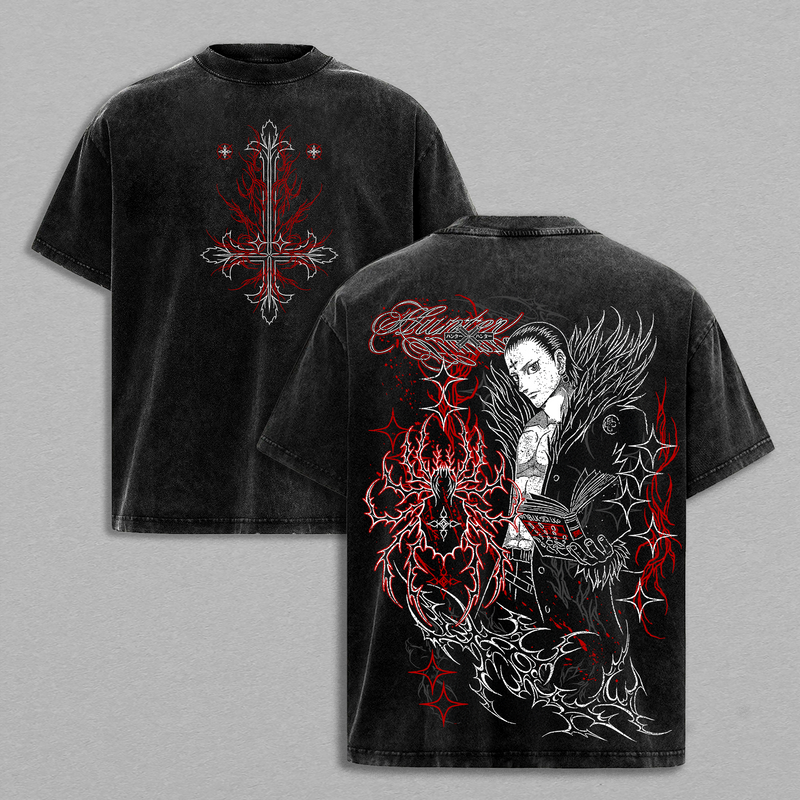 Chrollo Lucilfer Phantom Troupe Hunter x Hunter Washed T Shirt | Anime Graphic Tee | Japanese Manga Streetwear | Heavy Cotton Oversized Shirt for Anime Fans