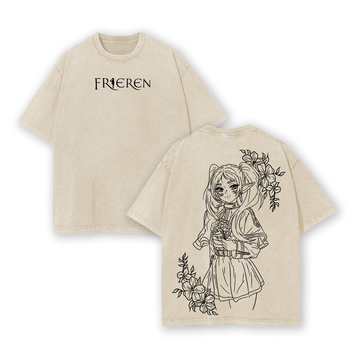 Frieren T-Shirt Beyond Journey’s End Anime Graphic Tee Elf Mage Oversized Acid Washed Cotton Shirt Anime Merch Gift for Anime Fans