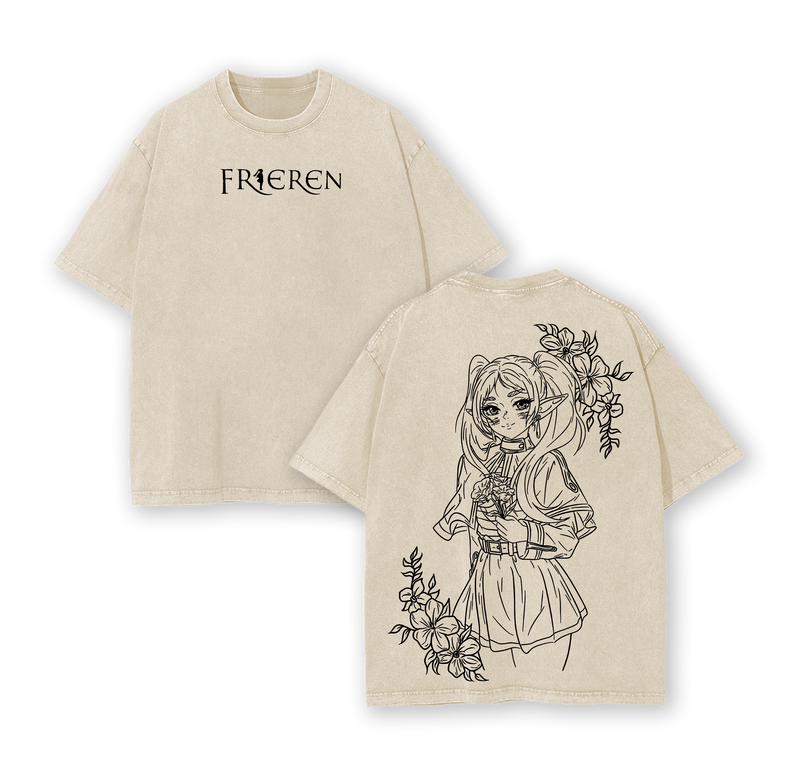 Frieren T-Shirt Beyond Journey’s End Anime Graphic Tee Elf Mage Oversized Acid Washed Cotton Shirt Anime Merch Gift for Anime Fans