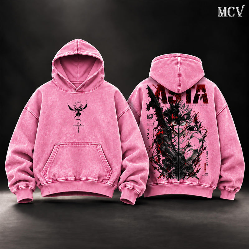 Asta Black Clover Vintage Washed Oversized Hoodie, Double-Sided Anime Graphic Pullover, Anti Magic Demon Form Design, Retro Y2K Streetwear, Unisex Black Clover Fan Gift