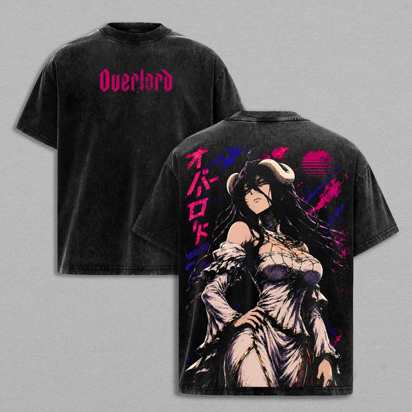 Albedo 2 Overlord Anime Double Printed Vintage Washed Tee Unisex Oversize Anime Manga Washed Heavyweight Cotton T-shirt