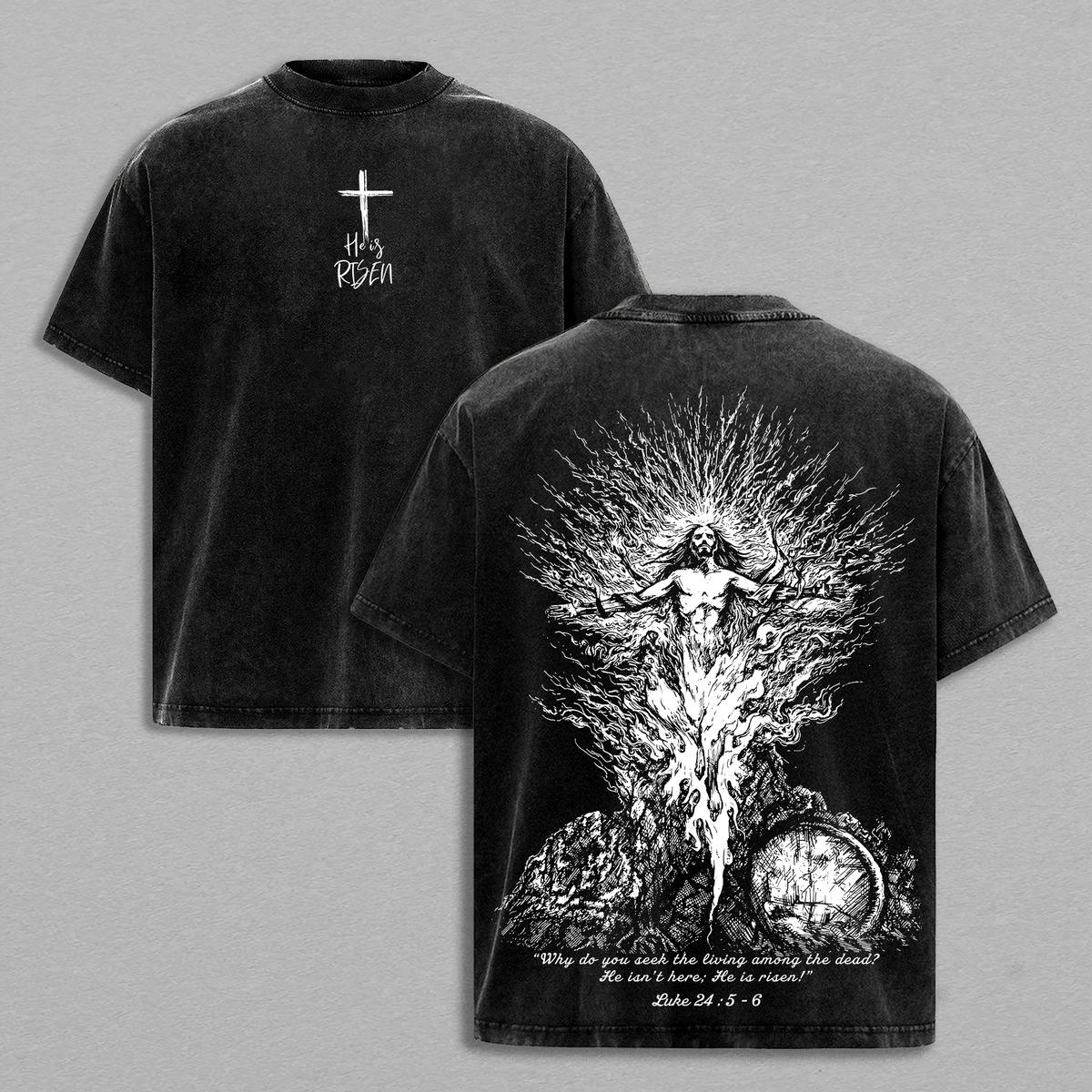 He Is Risen Vintage Washed Oversized T-Shirt, Jesus Resurrection Easter Christian Graphic Tee, Heavy Cotton Unisex Faith Streetwear Shirt, Luke 24:5–6 Bible Verse Religious Top, Easter Sunday Christian Apparel