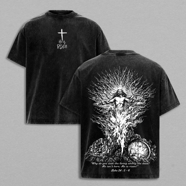 He Is Risen Vintage Washed Oversized T-Shirt, Jesus Resurrection Easter Christian Graphic Tee, Heavy Cotton Unisex Faith Streetwear Shirt, Luke 24:5–6 Bible Verse Religious Top, Easter Sunday Christian Apparel