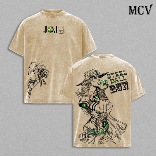 JoJo Steel Ball Run Anime Vintage Washed T-Shirt, Gyro Zeppeli Graphic Tee, Manga Streetwear Heavy Cotton Shirt