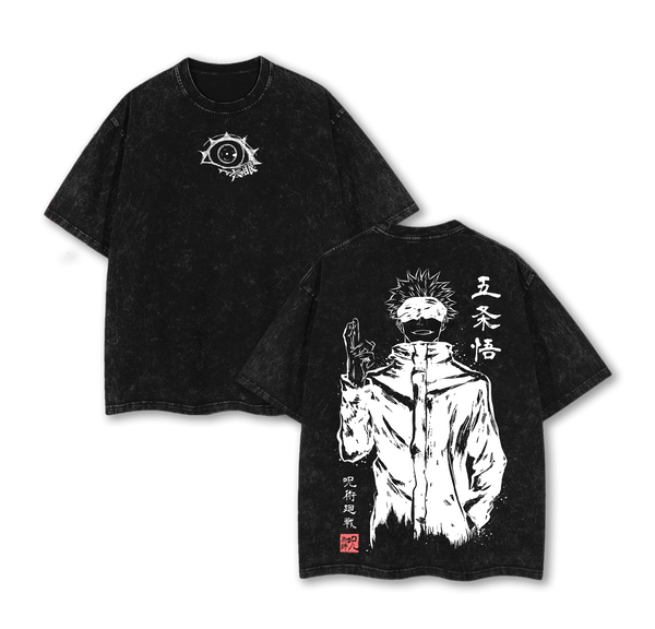 Gojo Satoru Tee Washed – Jujutsu Kaisen: Execution Shibuya Incident Compilation & Culling Game Prelude Vintage Oversized Heavy Cotton Anime Manga T-Shirt, Double Printed Retro Unisex Streetwear Graphic Top, Japanese Anime Merch for Sorcerer Fans