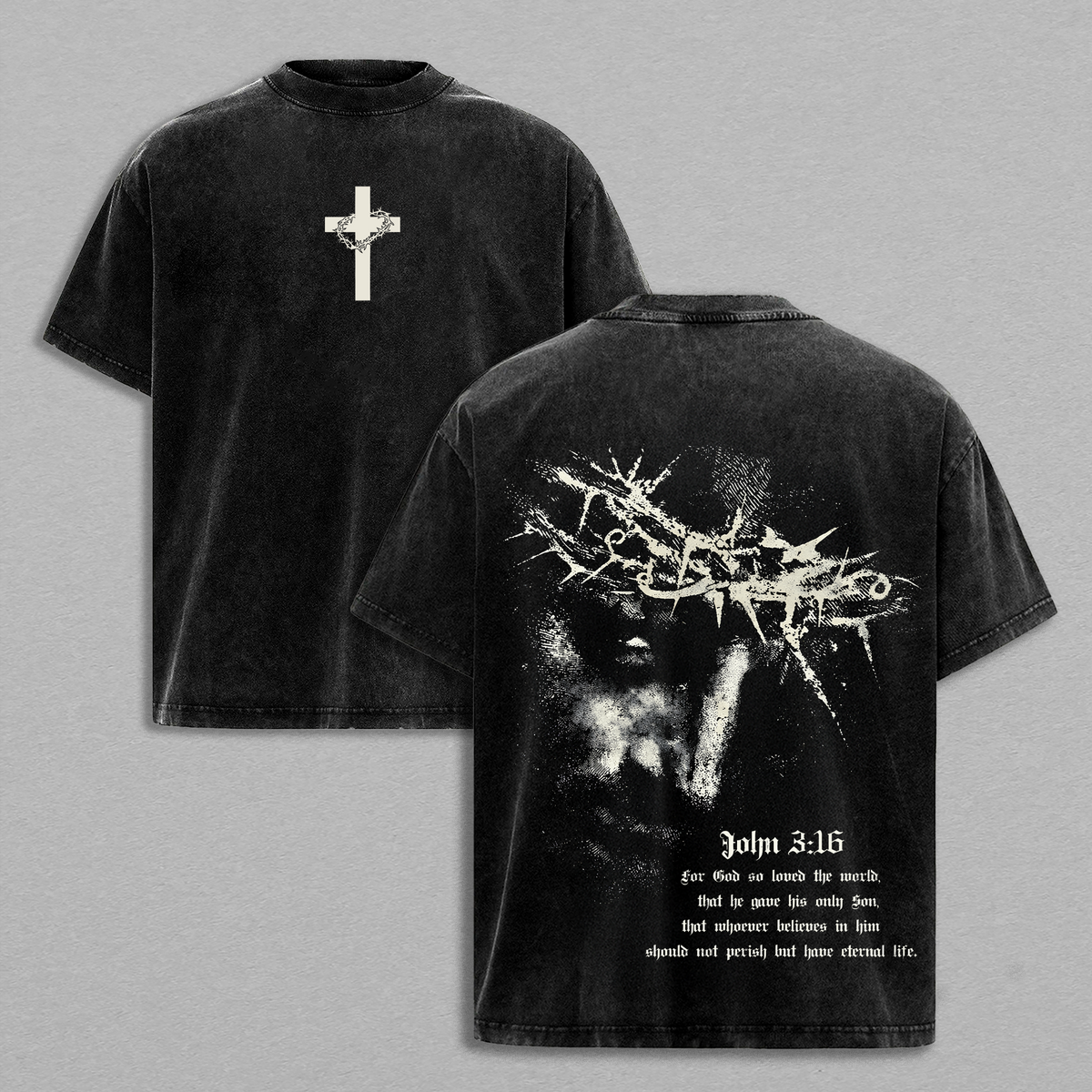 John 3:16 Jesus Crown of Thorns Vintage Washed Oversized T-Shirt, Heavy Cotton Christian Faith Graphic Tee, Religious Streetwear Shirt, Biblical Scripture Apparel, Unisex Gospel Gift for Believers