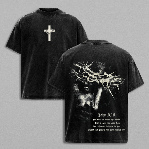 John 3:16 Jesus Crown of Thorns Vintage Washed Oversized T-Shirt, Heavy Cotton Christian Faith Graphic Tee, Religious Streetwear Shirt, Biblical Scripture Apparel, Unisex Gospel Gift for Believers