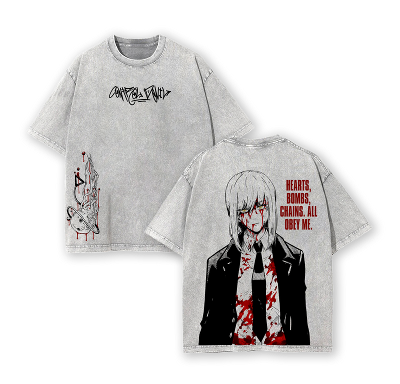 Makima Chainsaw Man Tee Washed – Pochita’s Heart & Denji’s Heart