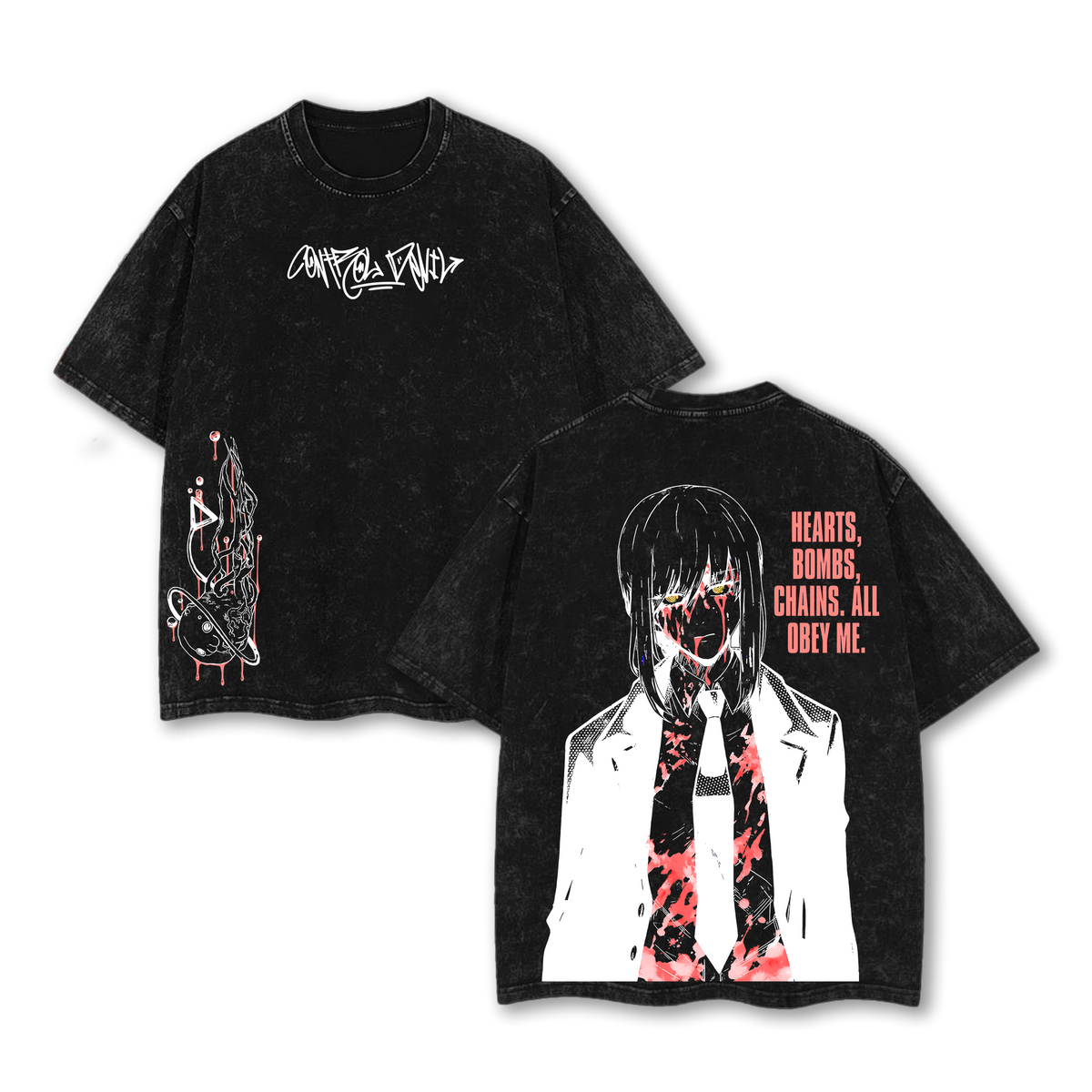 Makima Chainsaw Man Tee Washed – Pochita’s Heart & Denji’s Heart