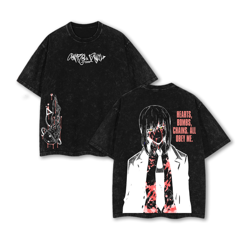 Makima Chainsaw Man Tee Washed – Pochita’s Heart & Denji’s Heart