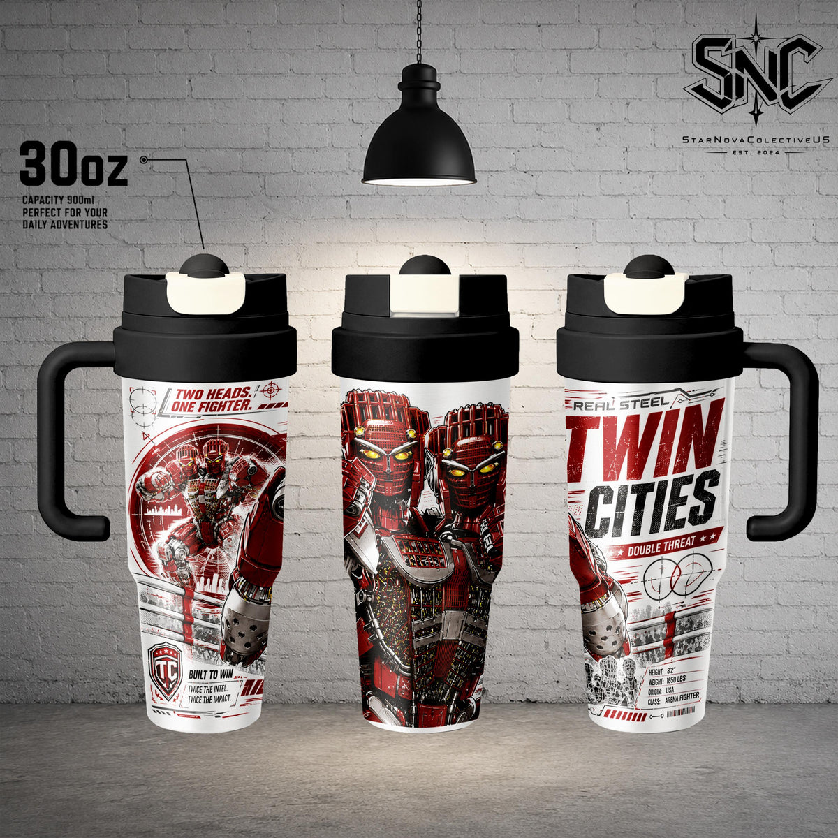 Twin Cities Real Steel Insulated Stainless Steel Tumbler – 17oz, 24oz, 30oz Double Wall Vacuum Travel Coffee Mug with Leak-Resistant Lid | Two-Headed Boxing Robot Gift for Fans, Gym, Office & Everyday Use