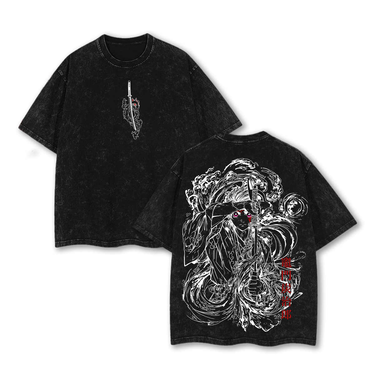 Vintage Tanjiro Kamado Washed T-Shirt, Double Sided Oversized Graphic Tee, Anime Streetwear Inspired By Demon Slayer Hero