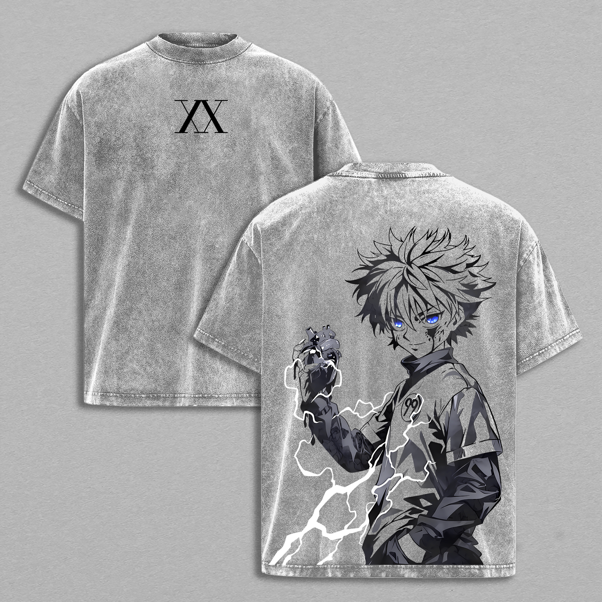 KILLUA Hunter X Hunter Anime Double Printed Vintage Washed Tee Unisex Oversize Heavyweight Cotton Tshirt for Anime Fans and Lovers Comfort Streetwear Fabric Oversized Top Womenswear