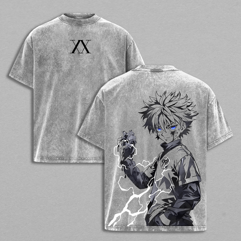 KILLUA Hunter X Hunter Anime Double Printed Vintage Washed Tee Unisex Oversize Heavyweight Cotton Tshirt for Anime Fans and Lovers Comfort Streetwear Fabric Oversized Top Womenswear