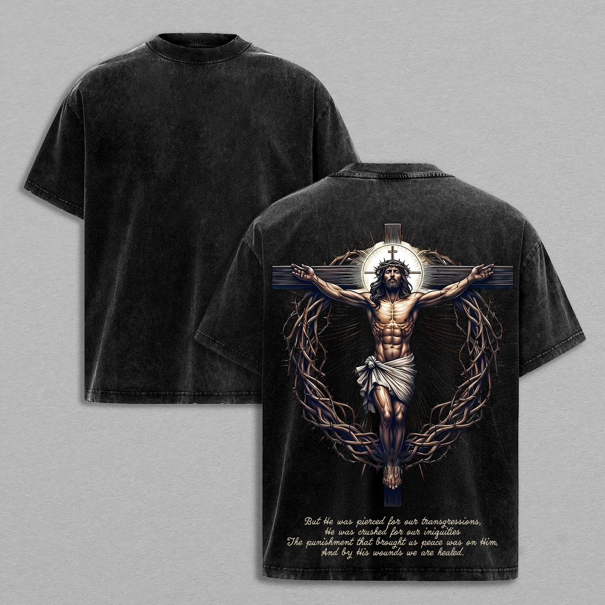Jesus Crucifix Cross T-Shirt Washed | Hoodie Washed | He Died For Our Sins Bible Verse Tee | Christian Faith Streetwear | Religious Vintage Shirt | Glory Threads Gospel Clothing