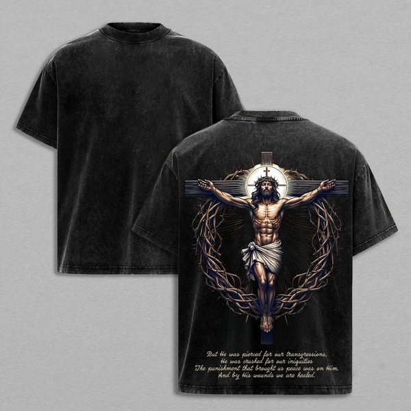 Jesus Crucifix Cross T-Shirt Washed | Hoodie Washed | He Died For Our Sins Bible Verse Tee | Christian Faith Streetwear | Religious Vintage Shirt | Glory Threads Gospel Clothing