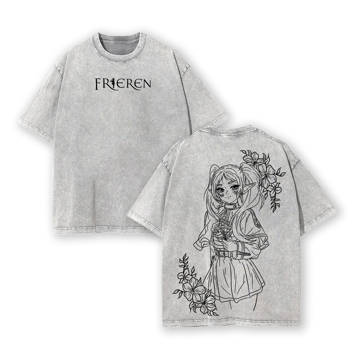 Frieren T-Shirt Beyond Journey’s End Anime Graphic Tee Elf Mage Oversized Acid Washed Cotton Shirt Anime Merch Gift for Anime Fans