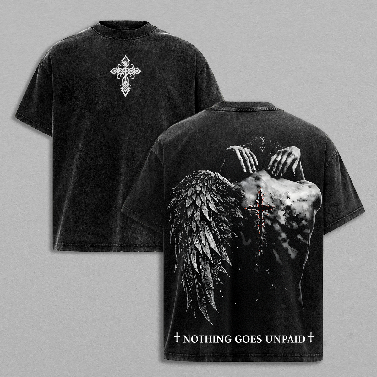 Nothing Goes Unpaid Christian Shirt Tank Top Hoodie Sweatshirt Vintage Washed Angel Wings Cross Back Graphic Faith Over Pain Jesus Redemption Streetwear Gift for Believers