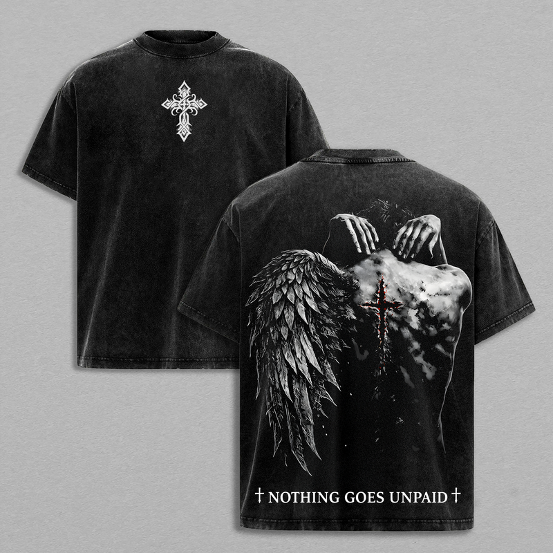 Nothing Goes Unpaid Christian Shirt Tank Top Hoodie Sweatshirt Vintage Washed Angel Wings Cross Back Graphic Faith Over Pain Jesus Redemption Streetwear Gift for Believers