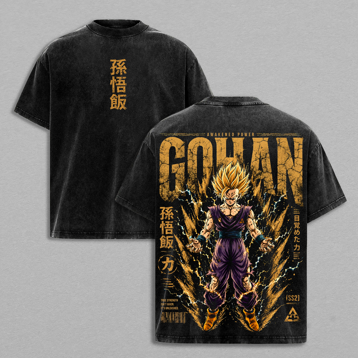 Son Gohan Super Saiyan 2 Vintage Washed Heavyweight Cotton T-Shirt, Dragon Ball Z SSJ2 Anime Graphic Tee, Double Sided Oversized Streetwear Shirt, Retro Manga Unisex Fan Gift