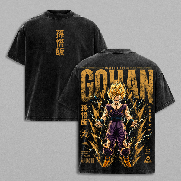 Son Gohan Super Saiyan 2 Vintage Washed Heavyweight Cotton T-Shirt, Dragon Ball Z SSJ2 Anime Graphic Tee, Double Sided Oversized Streetwear Shirt, Retro Manga Unisex Fan Gift