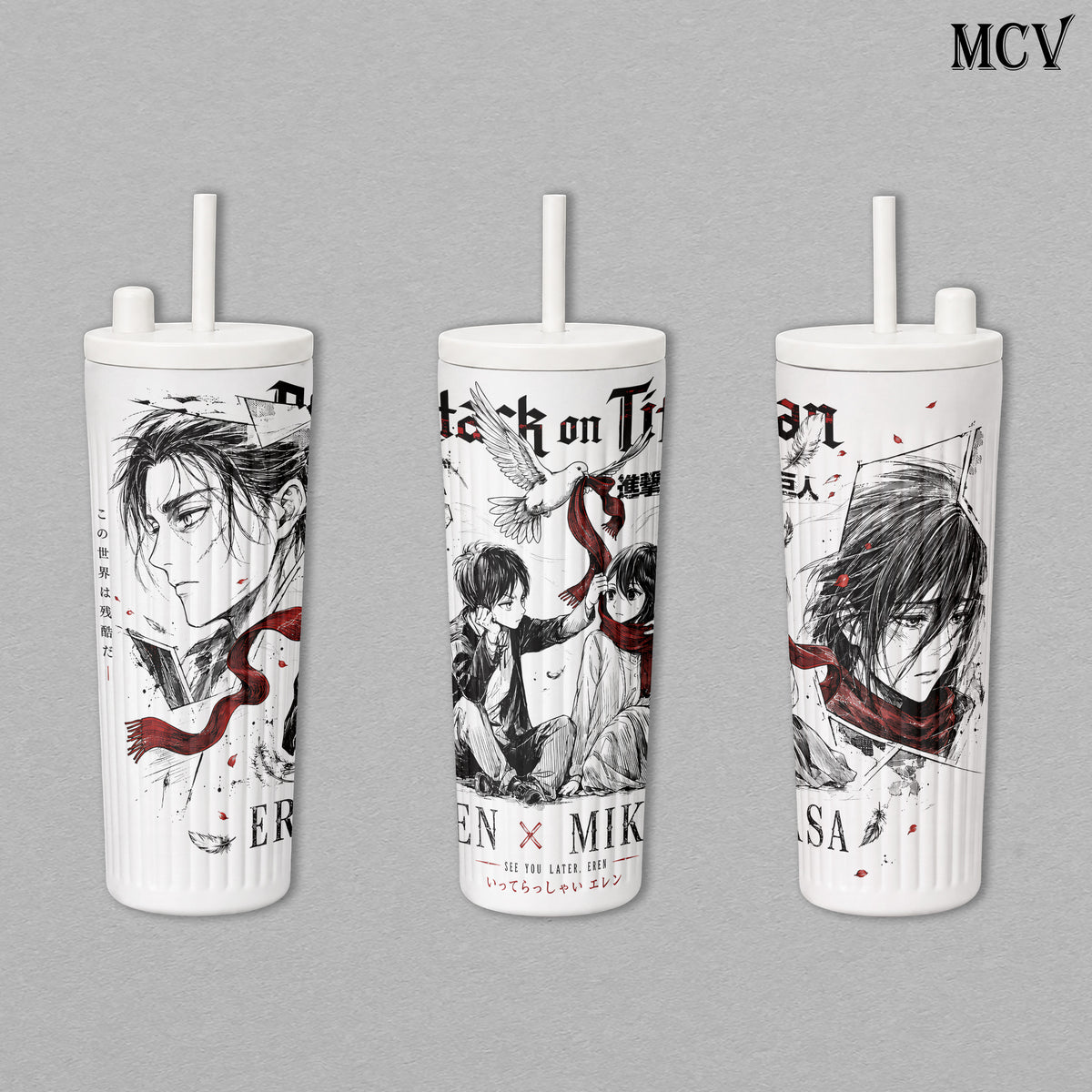 Eren Yeager & Mikasa Ackerman - Attack on Titan Anime - Red Scarf Manga Romance Embossed Raised Art - 17oz 24oz 30oz Insulated Tumbler, Stainless Steel Water Bottle, Straw Cup, Handle Travel Mug