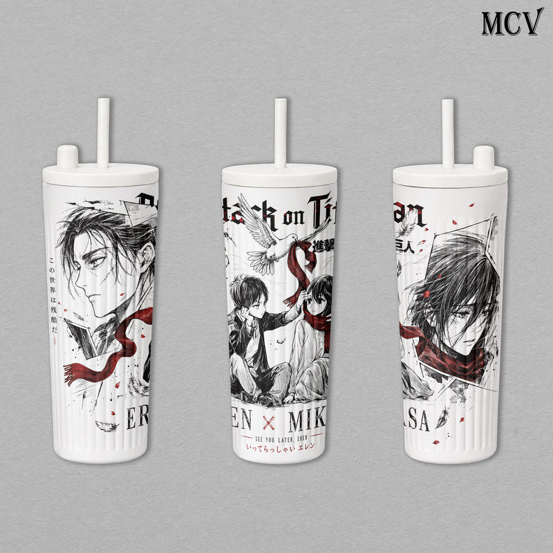 Eren Yeager & Mikasa Ackerman - Attack on Titan Anime - Red Scarf Manga Romance Embossed Raised Art - 17oz 24oz 30oz Insulated Tumbler, Stainless Steel Water Bottle, Straw Cup, Handle Travel Mug