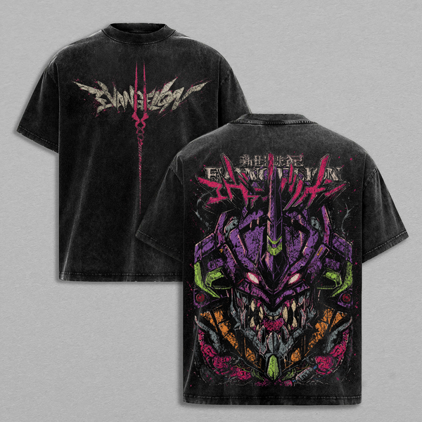 Eva 01 - Evangelion Anime T-Shirt Vintage Acid Wash Oversized Graphic Tee Streetwear Mecha Gym Pump Gift Anime Fans