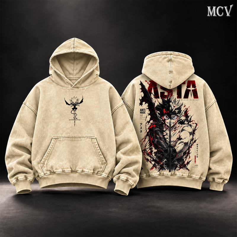 Asta Black Clover Vintage Washed Oversized Hoodie, Double-Sided Anime Graphic Pullover, Anti Magic Demon Form Design, Retro Y2K Streetwear, Unisex Black Clover Fan Gift