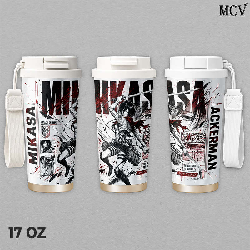 Mikasa Ackerman Attack on Titan Tumbler 17oz 24oz 30oz, Insulated Stainless Steel Travel Mug with Handle and Lid, Anime Manga Graphic Design, Reusable Coffee Water Cup Gift