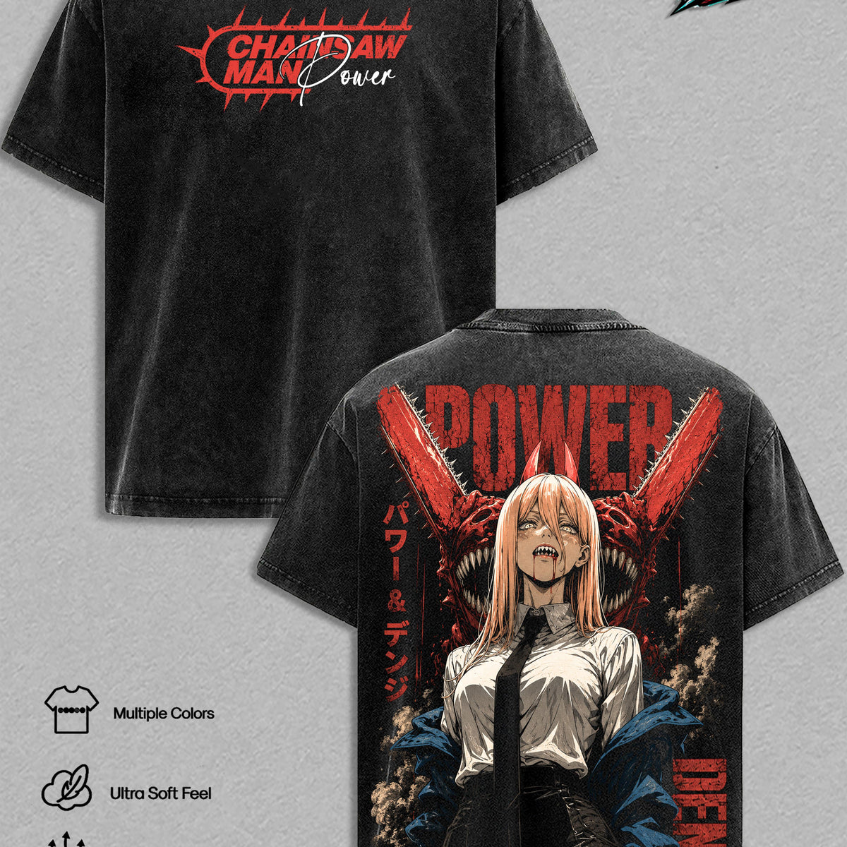 Power Chainsaw Man Vintage Washed Graphic T Shirt, Blood Devil Anime Tee, Denji Manga Oversized Heavyweight Cotton Shirt, Japanese Streetwear, Soft Breathable Tee, Gift for Chainsaw Man Fans