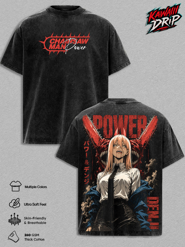 Power Chainsaw Man Vintage Washed Graphic T Shirt, Blood Devil Anime Tee, Denji Manga Oversized Heavyweight Cotton Shirt, Japanese Streetwear, Soft Breathable Tee, Gift for Chainsaw Man Fans