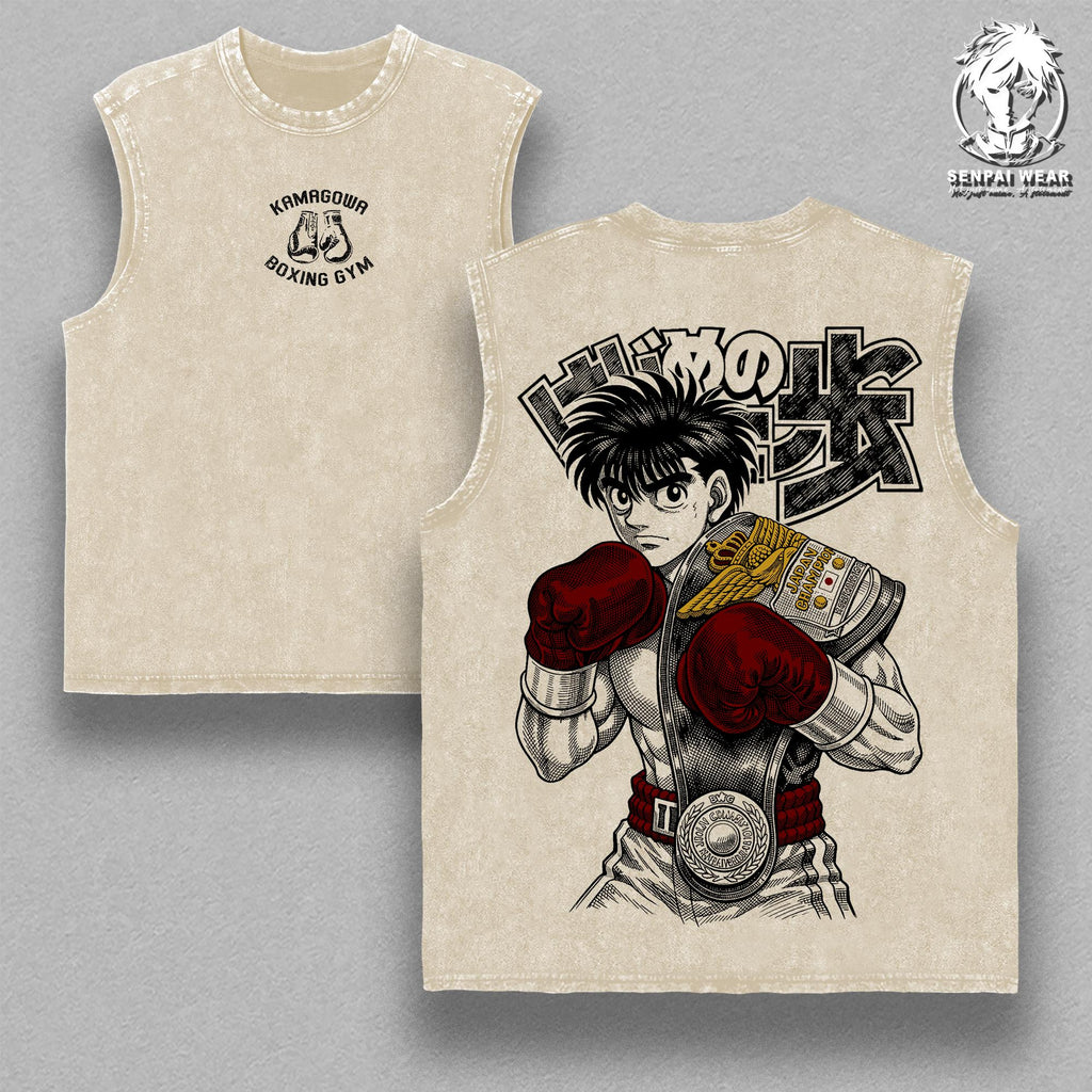 Makunouchi Ippo – Hajime no Ippo Oversize Anime Graphic Tee, Acid Washed Heavy Cotton Shirt, Vintage Manga Streetwear, Unisex Casual Wear, Anime Merch, Gift for Anime Fans