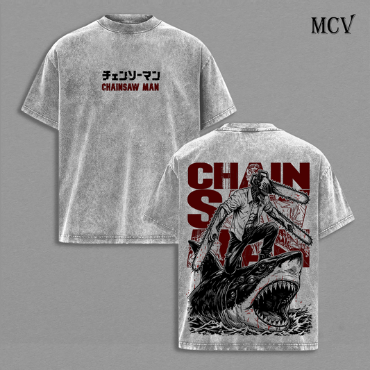 Chainsaw Man Denji Vintage Washed T-Shirt, Chainsaw Devil Anime Graphic Tee, Dark Manga Streetwear Heavy Cotton Shirt