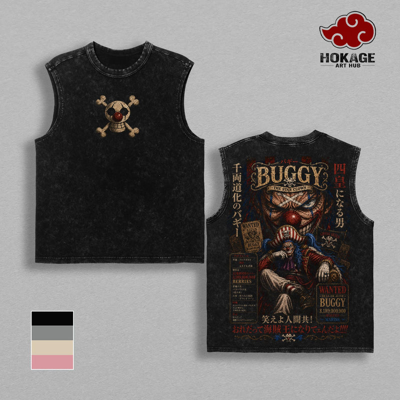 Buggy One Piece T-Shirt Sweatshirt Hoodie Tank Top, Star Clown Cross Guild Graphic Tee, Back Print Vintage 90s Anime Shirt, Graphic Tees Men, Trendy Tshirts, Men's T Shirts, One Piece Streetwear, Unisex Cotton Distressed Tee