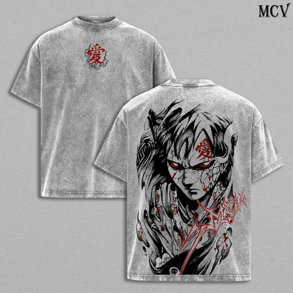 Gaara - Naruto Anime Double Printed Vintage Washed Tee Unisex Oversize Anime Manga Washed Heavyweight Cotton T-shirt, Gift For Anime Fan
