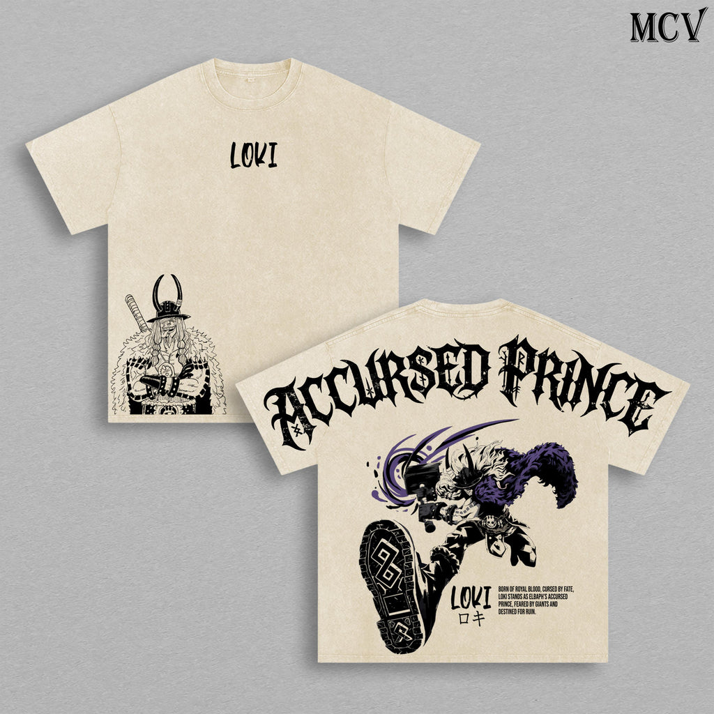 Loki Accursed Prince Washed Tee – One Piece Elbaf Giant Prince Norse Myth Anime Manga Graphic Double Printed T-Shirt, Menswear Heavy Cotton Unisex Oversize Streetwear Vintage Retro