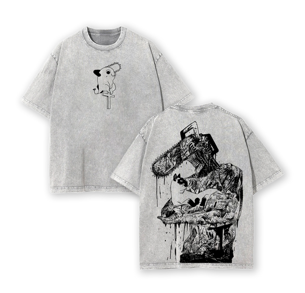 Chainsaw Man Denji Tee – Vintage Washed Heavy Cotton Oversized T-Shirt, Double Printed Anime Manga Graphic Top, Retro Unisex Streetwear for Devil Hunter Fans, Movie Inspired Edition