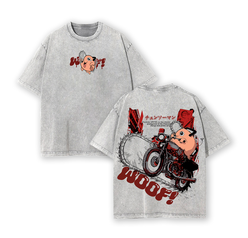 Pochita Chainsaw Man T-Shirt – Vintage Washed Oversized Heavy Cotton Anime Manga Tee, WOOF Cute Dog Chainsaw Devil Retro Streetwear Graphic Top Gift for Fans Made To Order