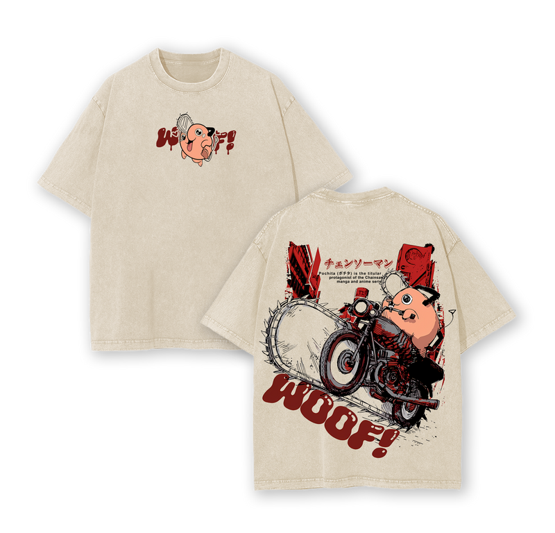 Pochita Chainsaw Man T-Shirt – Vintage Washed Oversized Heavy Cotton Anime Manga Tee, WOOF Cute Dog Chainsaw Devil Retro Streetwear Graphic Top Gift for Fans Made To Order