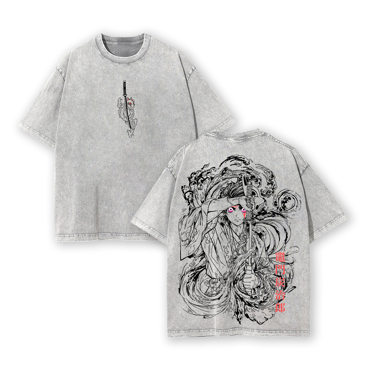 Vintage Tanjiro Kamado Washed T-Shirt, Double Sided Oversized Graphic Tee, Anime Streetwear Inspired By Demon Slayer Hero
